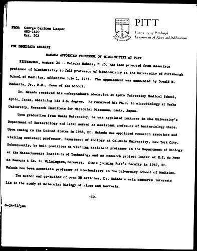 Nakada Appointed Professor Of Biochemistry At Pitt