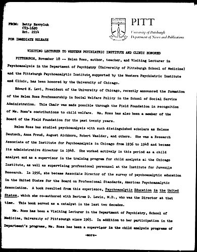 Visiting Lecturer To Western Psychiatric Institute And Clinic Honored