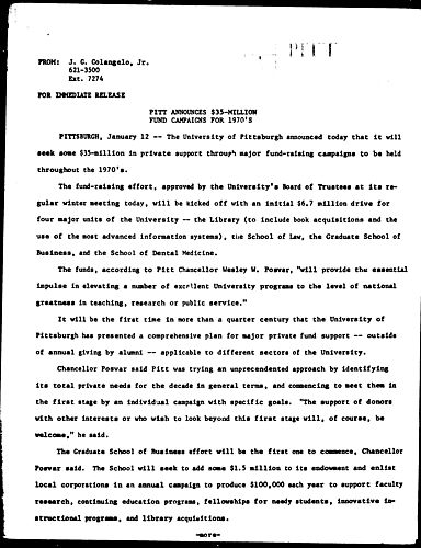 Pitt Announces $35-Million Fund Campaigns For 1970's