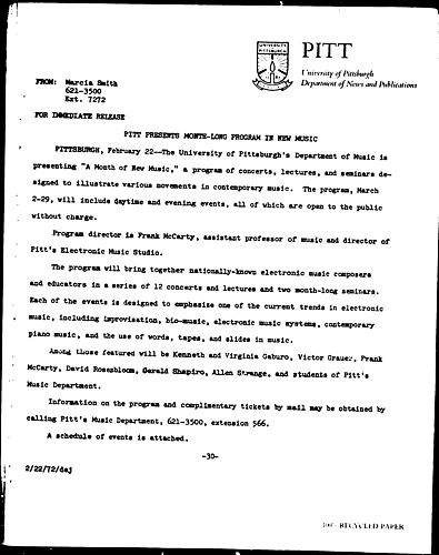 Pitt Presents Month-Long Program In New Music