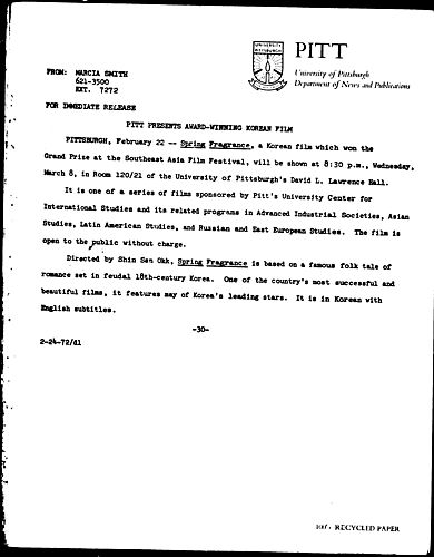 Pitt Presents Award-Winning Korean Film