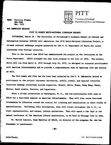 Pitt To Direct Multi-National Librarian Project