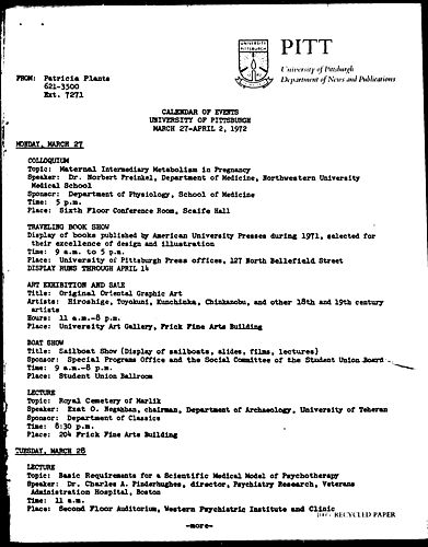 Calendar Of Events University Of Pittsburgh March 27-April 2, 1972