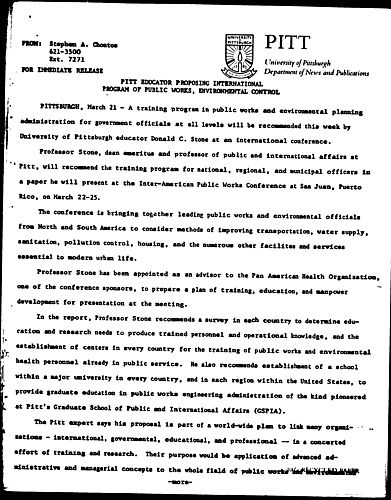 Pitt Educator Proposing International Program Of Public Works, Environmental Control