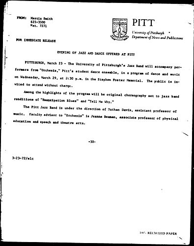 Evening Of Jazz And Dance Offered At Pitt