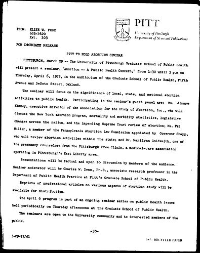 Pitt To Hold Abortion Seminar