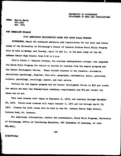 Pitt Announces Registration Dates For South Hills Program