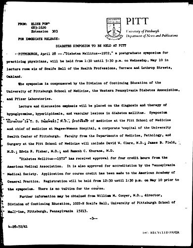 Diabetes Symposium To Be Held At Pitt