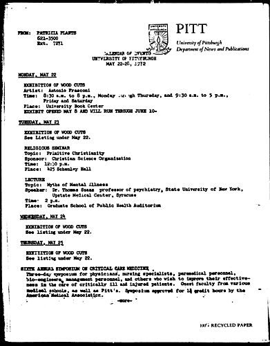 Calendar Of Events University Of Pittsburgh May 22-28, 1972