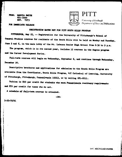 Registration Dates Set for Pitt South Hills Program