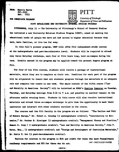 Pitt Establishes New University External Studies Program