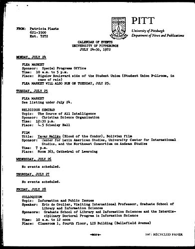 Calendar Of Events University Of Pittsburgh July 24-30, 1972