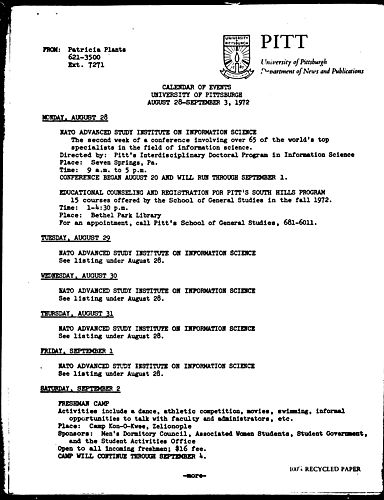 Calendar Of Events University Of Pittsburgh August 28-September 3, 1972