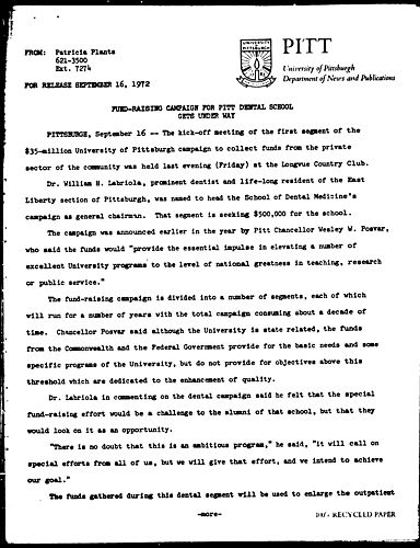 Fund-Raising Campaign For Pitt Dental School Gets Under Way