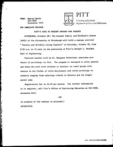 Pitt's AFCC To Present Seminar For Parents