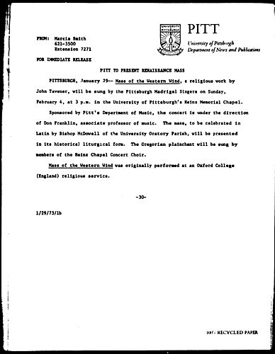 Pitt To Present Renaissance Mass