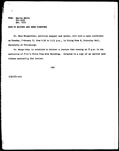 [Dr. Hans Morgenthaus to Hold News Conference At Schenley Hall]