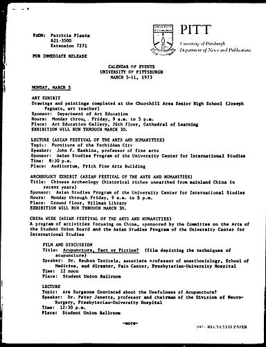Calendar Of Events University Of Pittsburgh March 5-11, 1973
