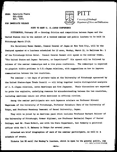 Pitt To Host U.S. - Japan Conference