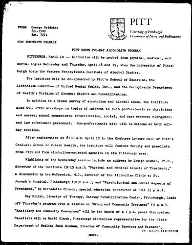 Pitt Hosts Two-Day Alcoholism Program