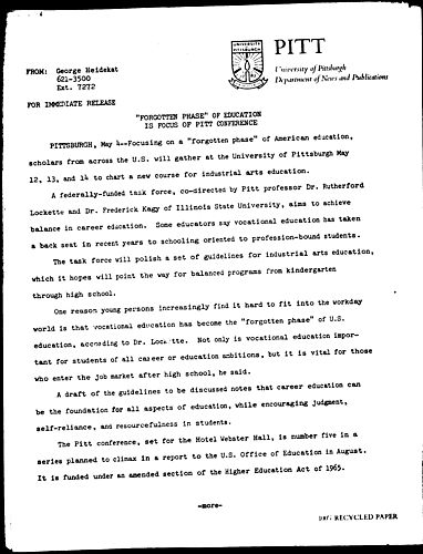 "Forgotten Phase" Of Education Is Focus Of Pitt Conference