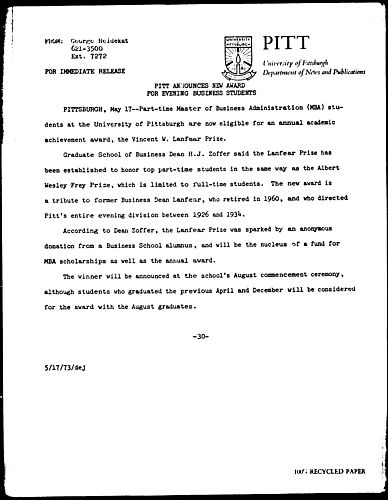 Pitt Announces New Award For Evening Business Students