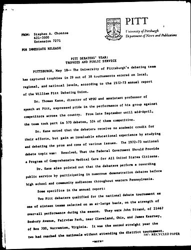 Pitt Debaters' Year: Trophies And Public Service