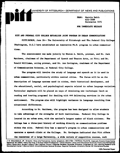 Pitt And Federal City College Establish Joint Program In Urban Communications