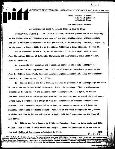 Anthropologist John P. Gillin Dies In Chapel Hill