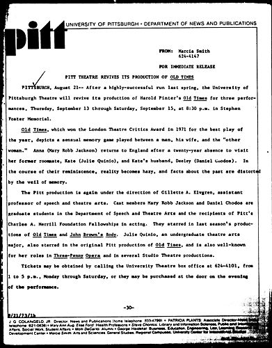 Pitt Theatre Revives Its Production Of Old Times