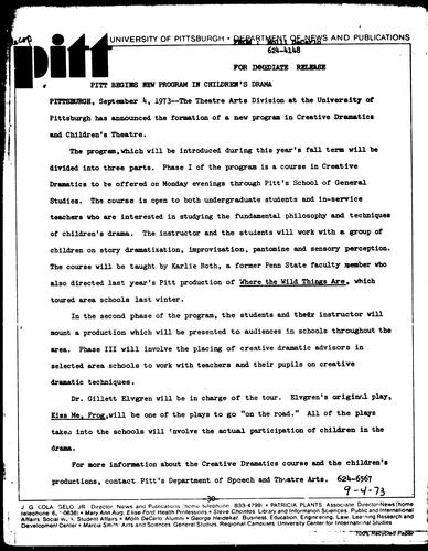 Pitt Begins New Program In Children's Drama