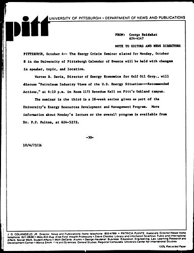 [Pitt Energy Crisis Seminar Changes]