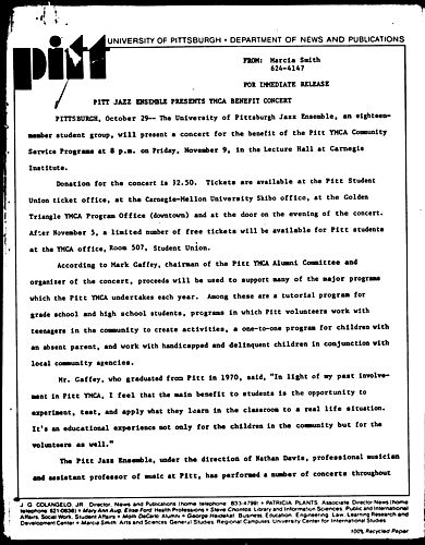 Pitt Jazz Ensemble Presents YMCA Benefit Concert