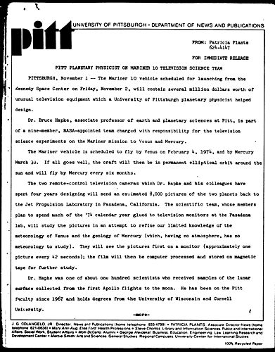 Pitt Planetary Physicist On Mariner 10 Television Science Team