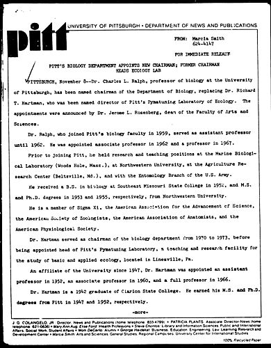 Pitt's Biology Department Appoints New Chairman; Former Chairman Heads Ecology Lab