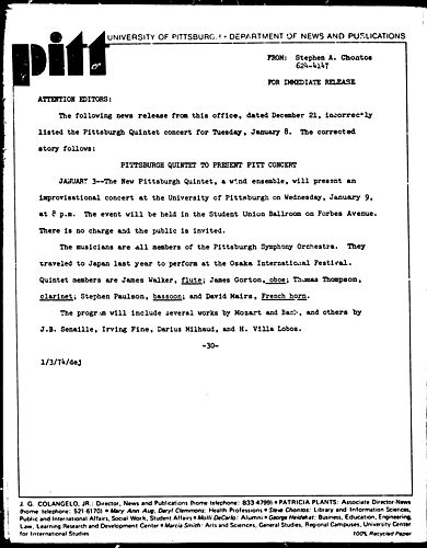 Pittsburgh Quintet To Present Pitt Concert