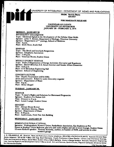 Calendar Of Events University Of Pittsburgh January 28 - February 2, 1974