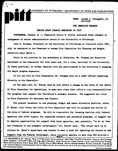 Senior Staff Changes Announced At Pitt