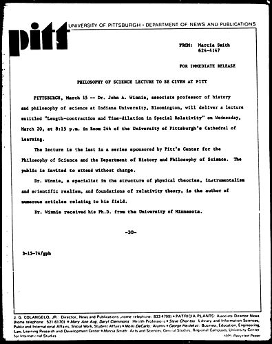 Philosophy Of Science Lecture To Be Given At Pitt