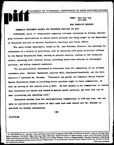 Community Residents Sought For Volunteer Services At WPIC