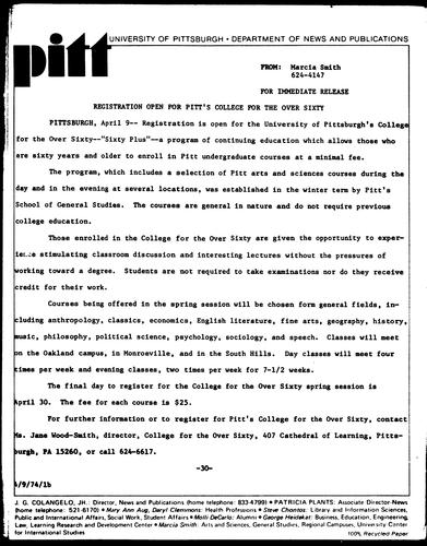 Registration Open For Pitt's College For The Over Sixty