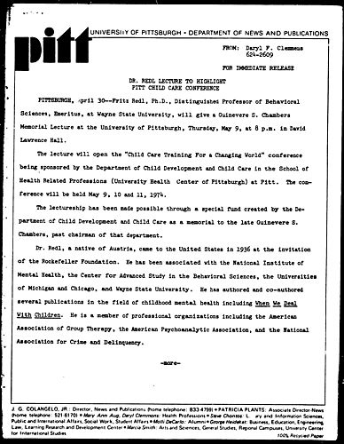 Dr. Redl Lecture To Highlight Pitt Child Care Conference