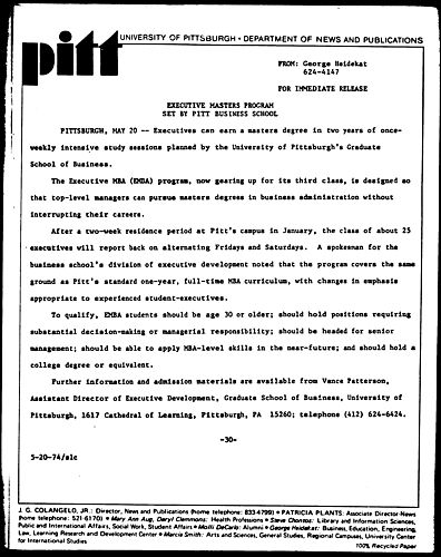 Executive Masteres Program Set By Pitt Business School