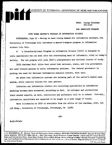 Pitt Opens Master's Program In Information Science