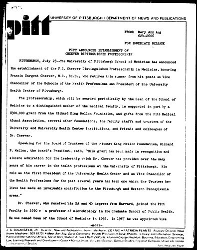 Pitt Announces Establishment Of Cheever Distinguished Professorship