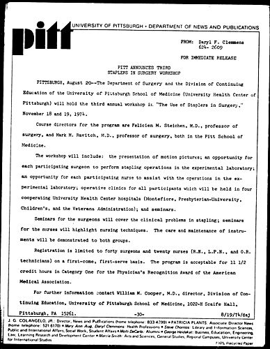 Pitt Announces Third Staplers In Surgery Workshop