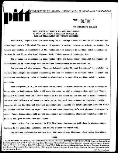 Pitt School Of Health Related Professions To Hold Continuing Education Program On Cardiac Rehabilitation Through Exercise