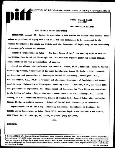 Pitt To Hold Aging Conference