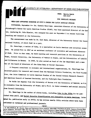 Mesa-Lago Appointed Director of Pitt's Center For Latin American Studies