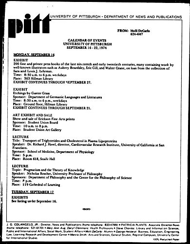 Calendar Of Events University Of Pittsburgh September 16-22, 1974